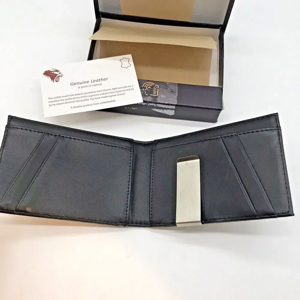 Lowenherz RFID Blocking Black Leather Bi-Fold Wallet Minamalist CC Front Pocket